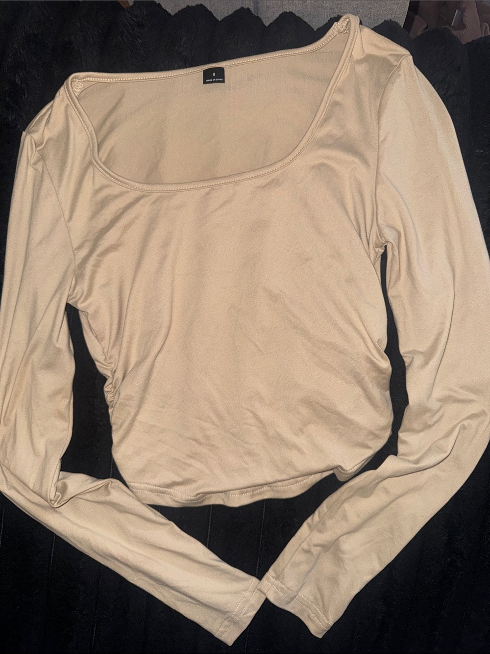Long-Sleeve Scoop Neck Crop Top in Beige